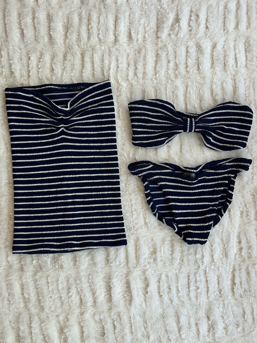 Hunza G Set Jean Striped Navy White Bikini and Skirt